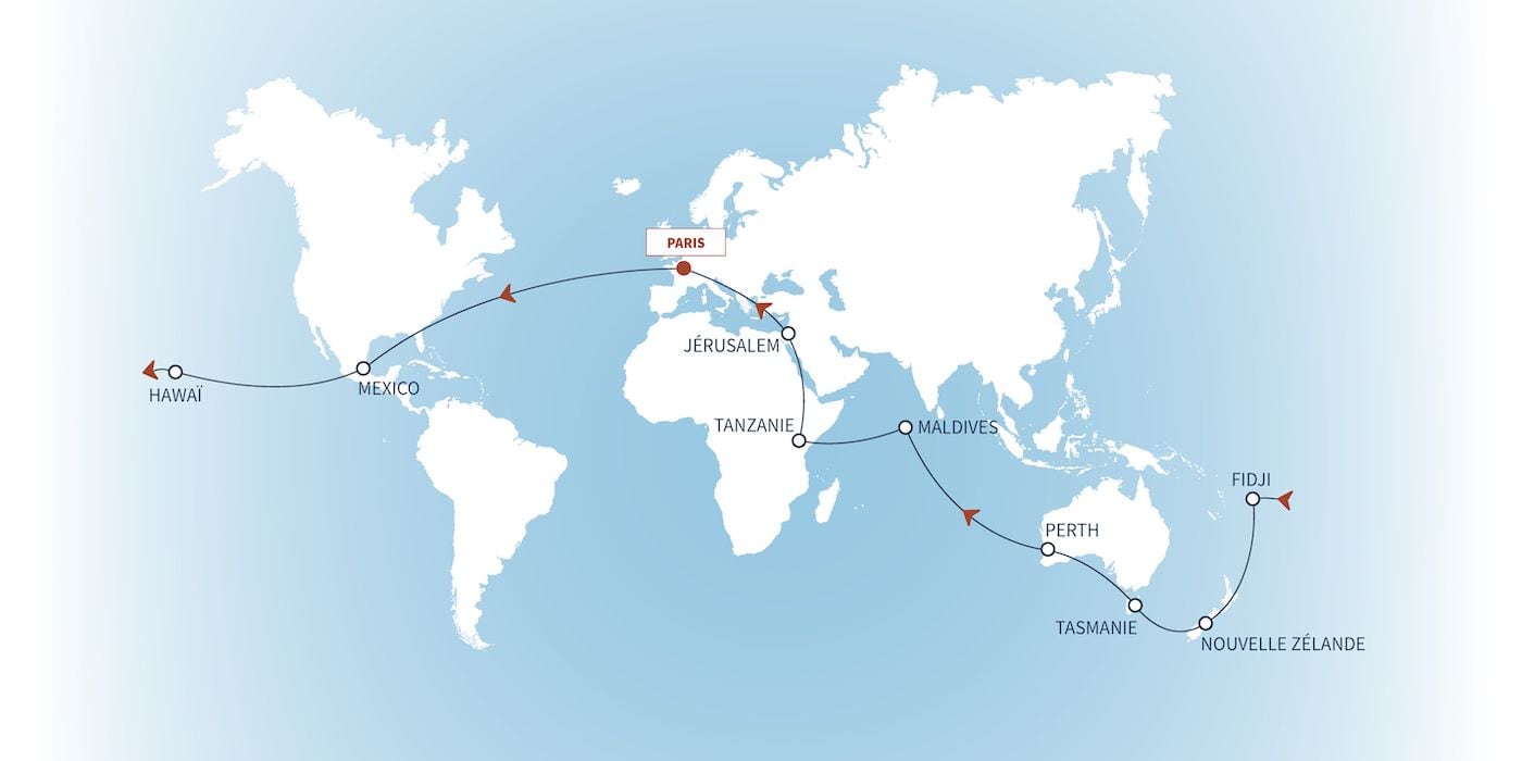 Carte itinéraire du tour du monde safrans du monde