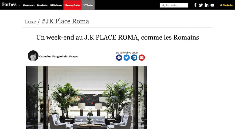 Forbes JK Place Roma Luxe sur mesure